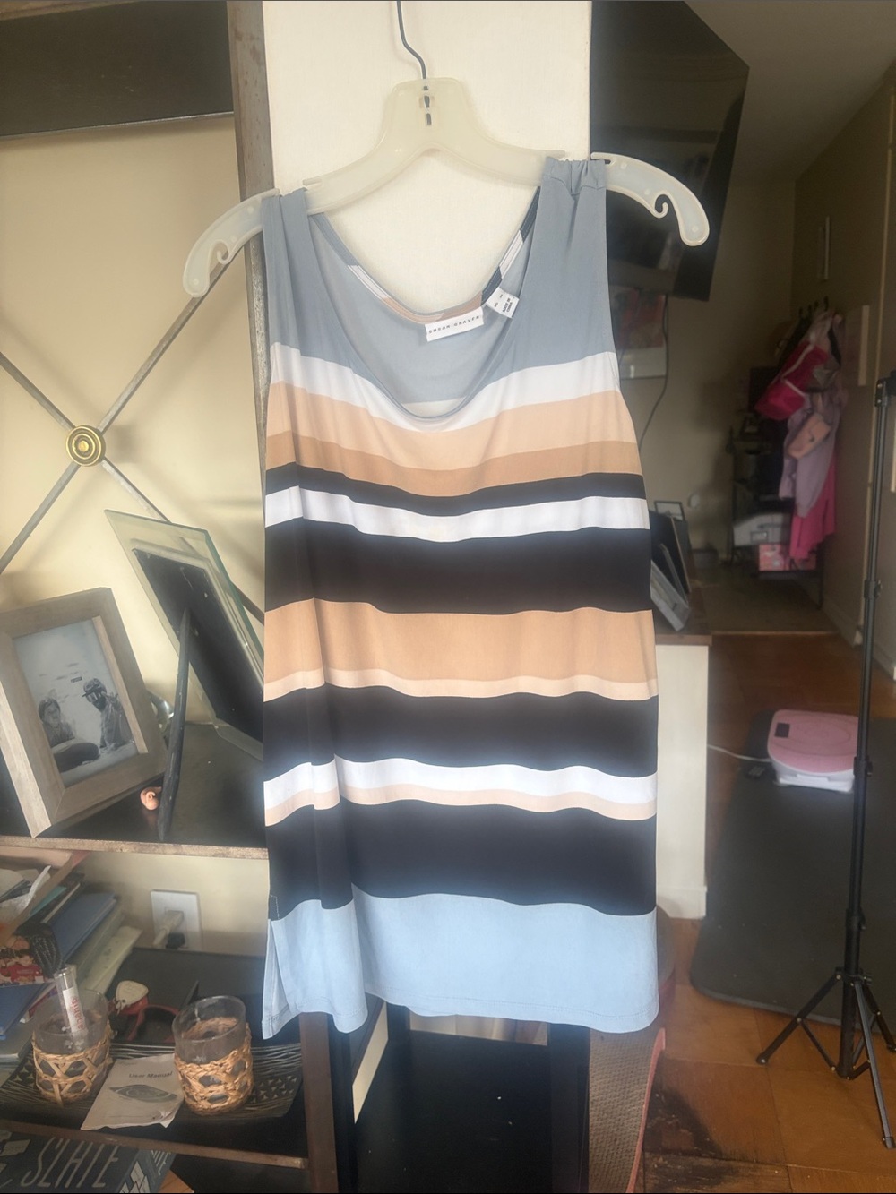 Susan Graver Striped Sleeveless Shift Dress in Light Blue, Black & Tan
